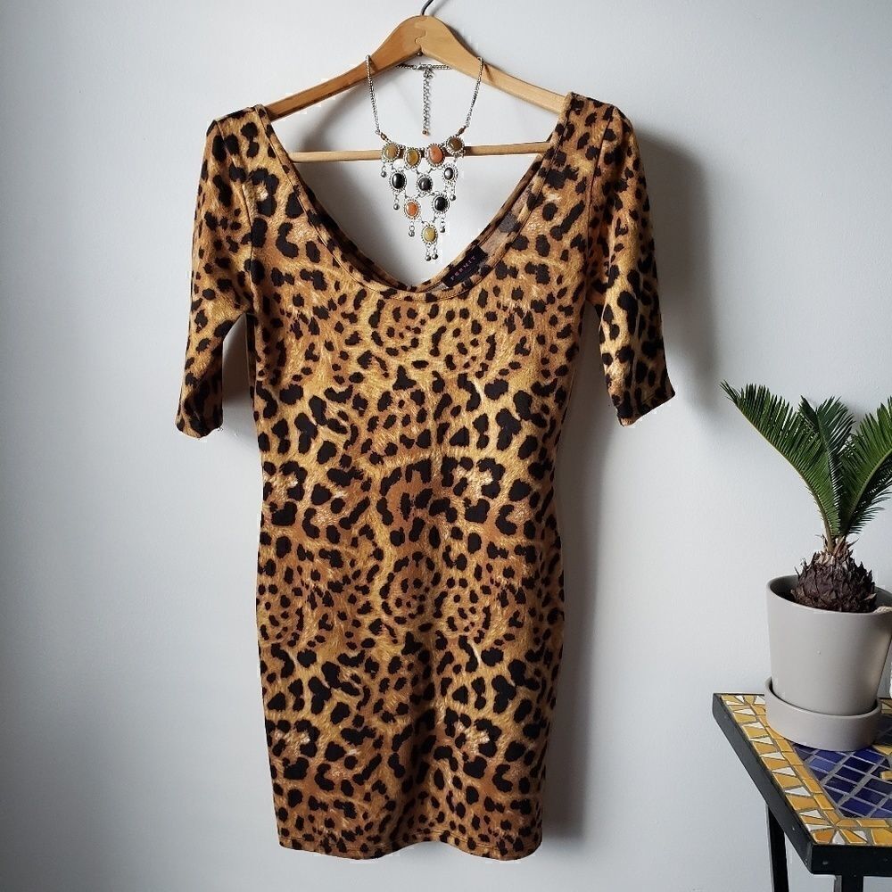 Permit Leopard Print Bodycon Dress Scoop Neck Sz L
